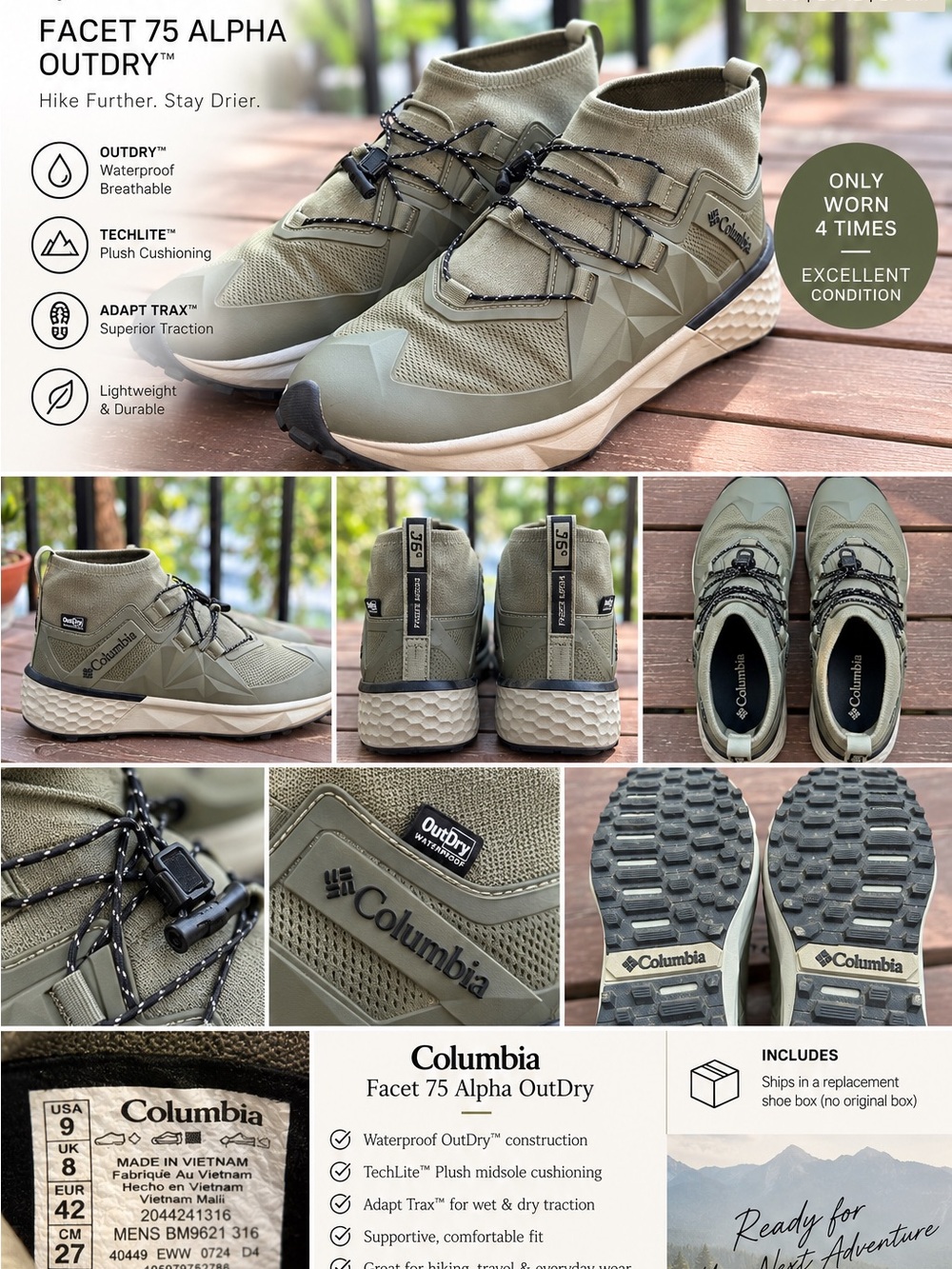 Columbia Facet 75 Alpha OutDry Waterproof Hiking Shoes – Men’s Size 9